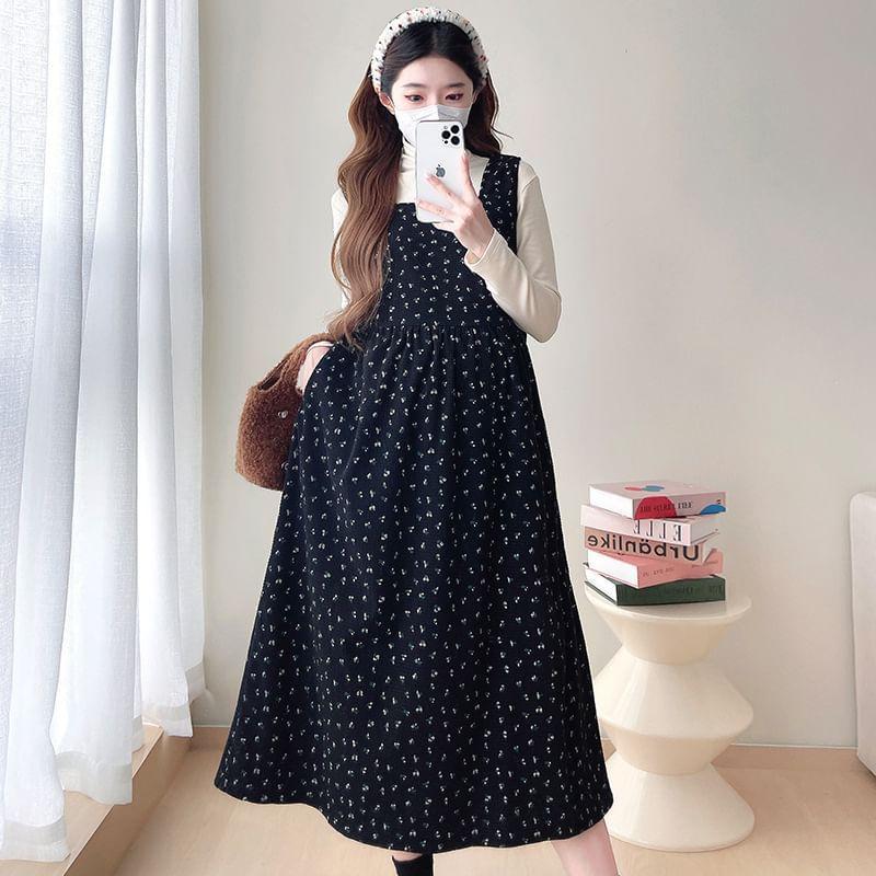 Maternity Long-Sleeve Turtleneck Plain Slim Fit T-Shirt / Square Neck Floral Midi A-Line Pinafore Dress / Set Product Image