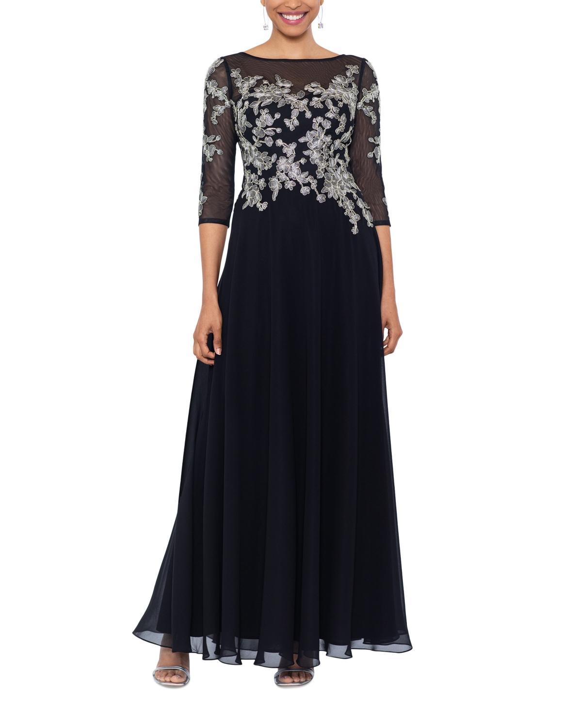 Betsy & Adam Womens Floral-Embroidered 3/4-Sleeve Gown - Black Product Image