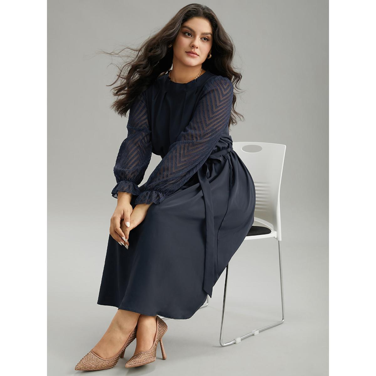 Plus Size Twill Mesh Patchwork Belted Plicated Detail Dress DarkBlue Women Elegant Texture Mock Neck Long Sleeve Curvy Midi Dress BloomChic 18-20/2X Product Image