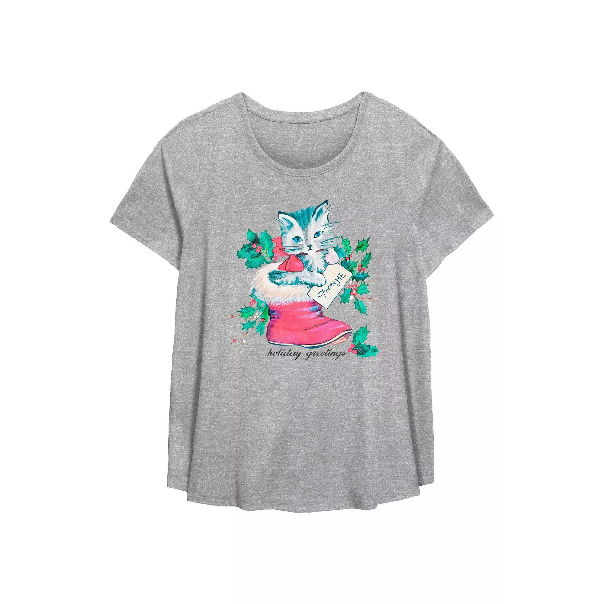 Plus Size Holiday Greetings Christmas Kitty Stocking Stuffer Flowy Graphic Tee, Women's, Size: 0X, Grey Gray Product Image