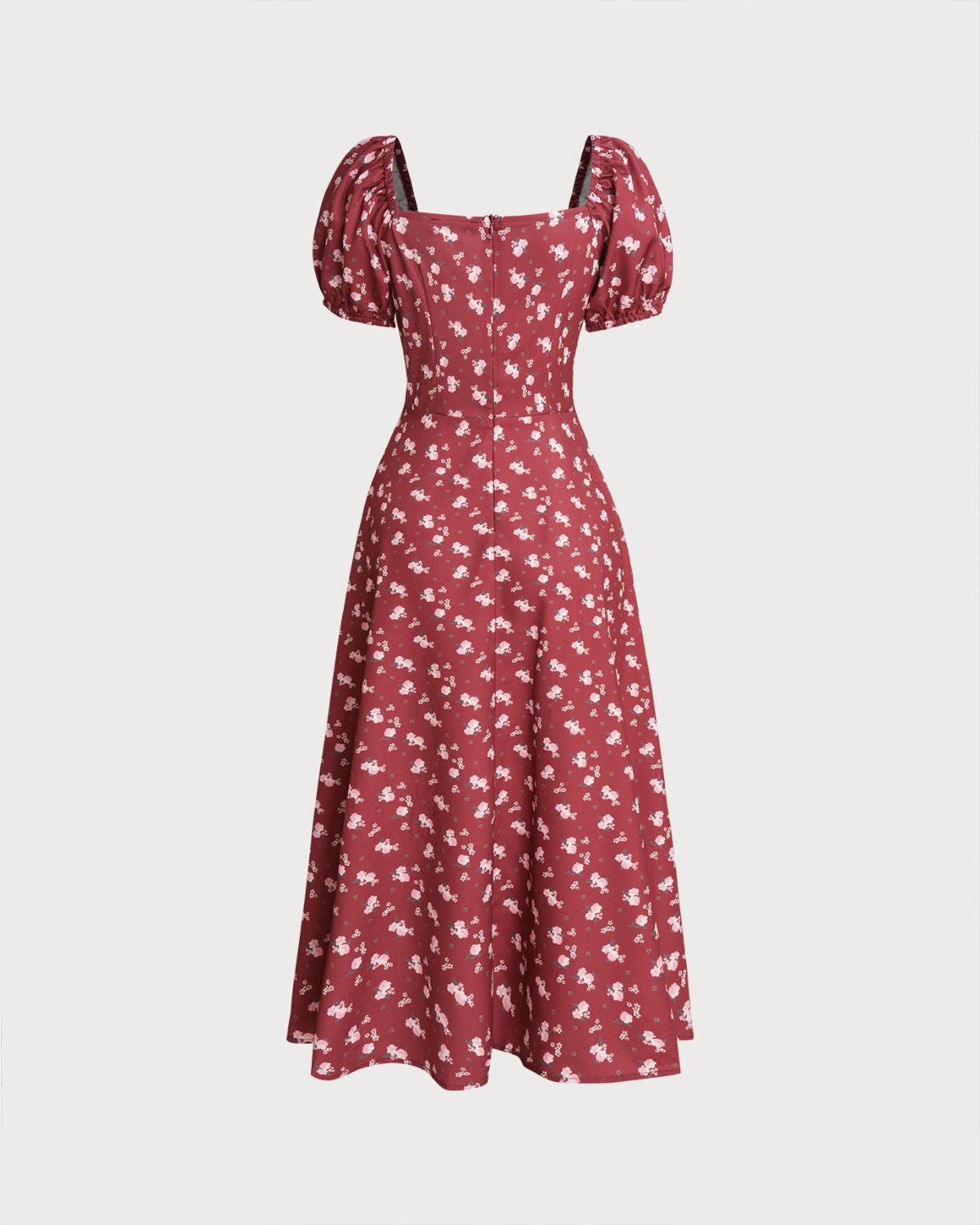 Wine Red Floral Square Neck Puffed Sleeve Midi Dress Product Image