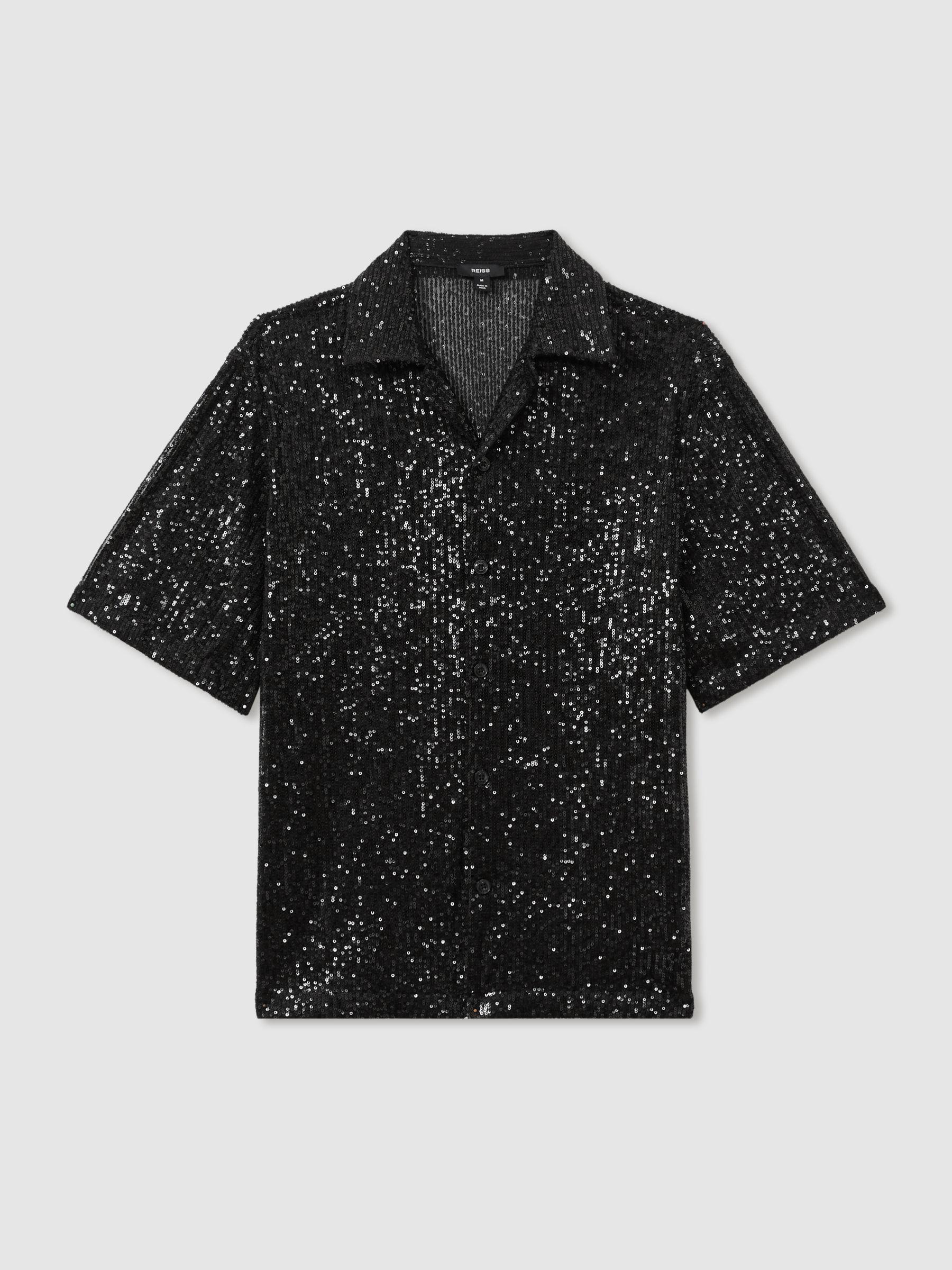 Sequinned Cuban-Collar Shirt in Black Product Image