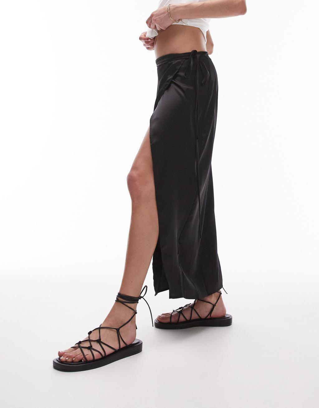 Topshop satin bias cut midi skirt in black Product Image