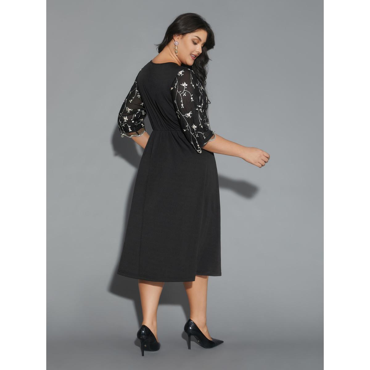 Plus Size Round Neck Floral Embroidered Dress Black Women Cocktail Texture Party Curvy Bloomchic 18-20/2X Product Image