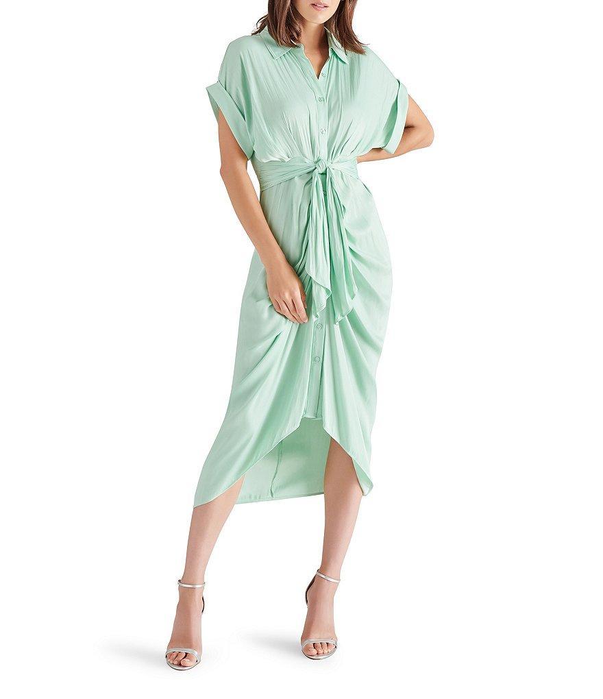 Steve Madden Tori Satin Point Collar Short Kimono Cuff Sleeve Belted Ruched Front Asymmetrical Hem Midi Shirt Dress Product Image