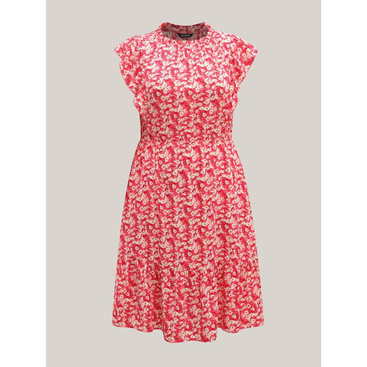 Plus Size Ruffled Neck Floral Print Tiered Midi Dress Peach Women Round Neck Cap Sleeve Curvy BloomChic 12/L Product Image