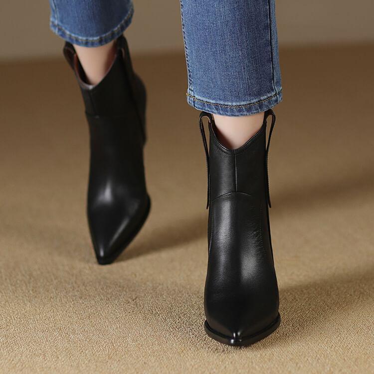 Genuine Leather Chunky Heel Short Boots Product Image