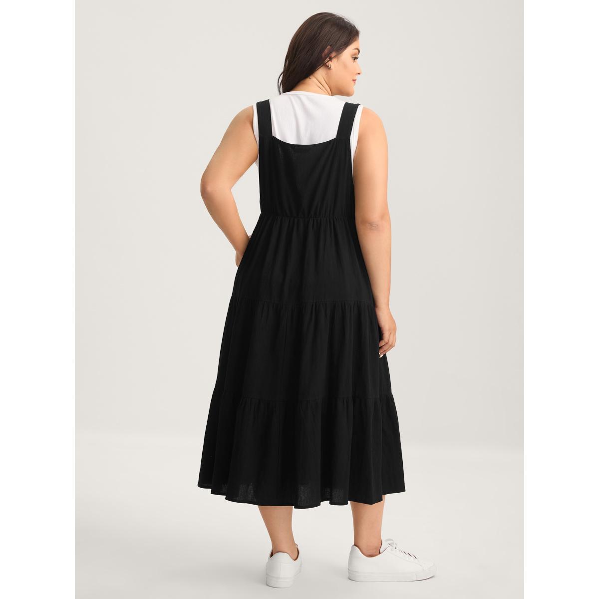 Plus Size Pure Cotton Diagonal Pockets Midi Dress Black Women Leisure Square Neck Sleeveless Curvy BloomChic 12/L Product Image