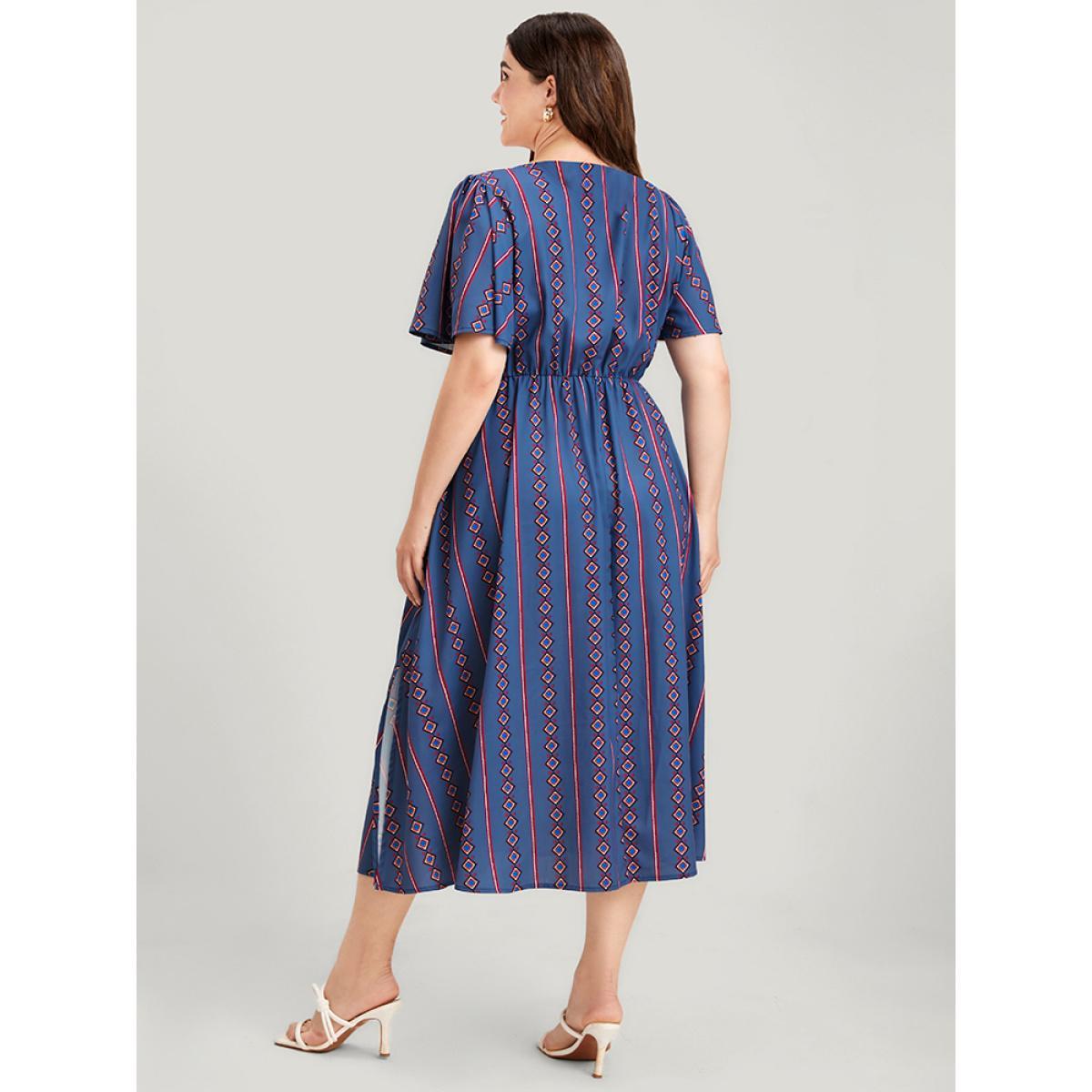 Plus Size Striped Pocket Split Flutter Wrap Midi Dress DarkBlue Women Casual Printed V-neck Short sleeve Curvy Midi Dress BloomChic 18-20/2X Product Image