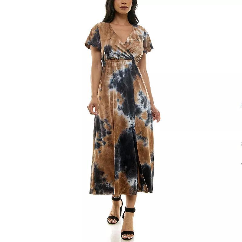 Women's Nina Leonard Tie Dye Print Flutter Sleeve V-Neck Maxi Dress, Size: Large, Blue Team Product Image