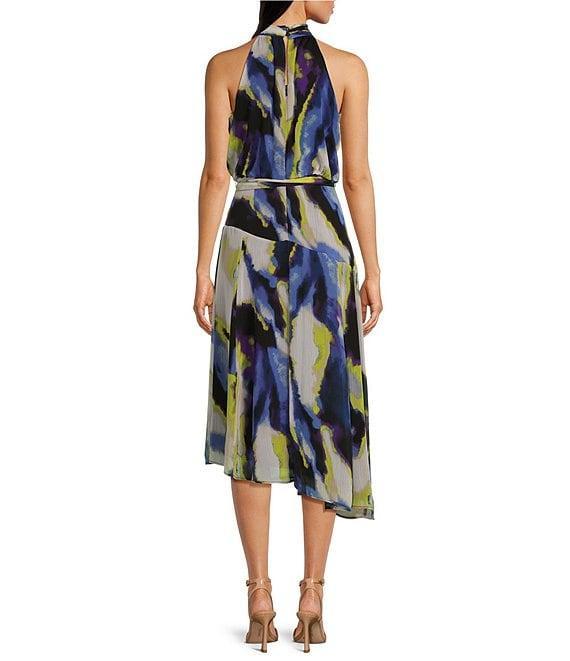 DKNY by Donna Karan Printed Chiffon Halter Neck Sleeveless A-Line Midi Dress Product Image