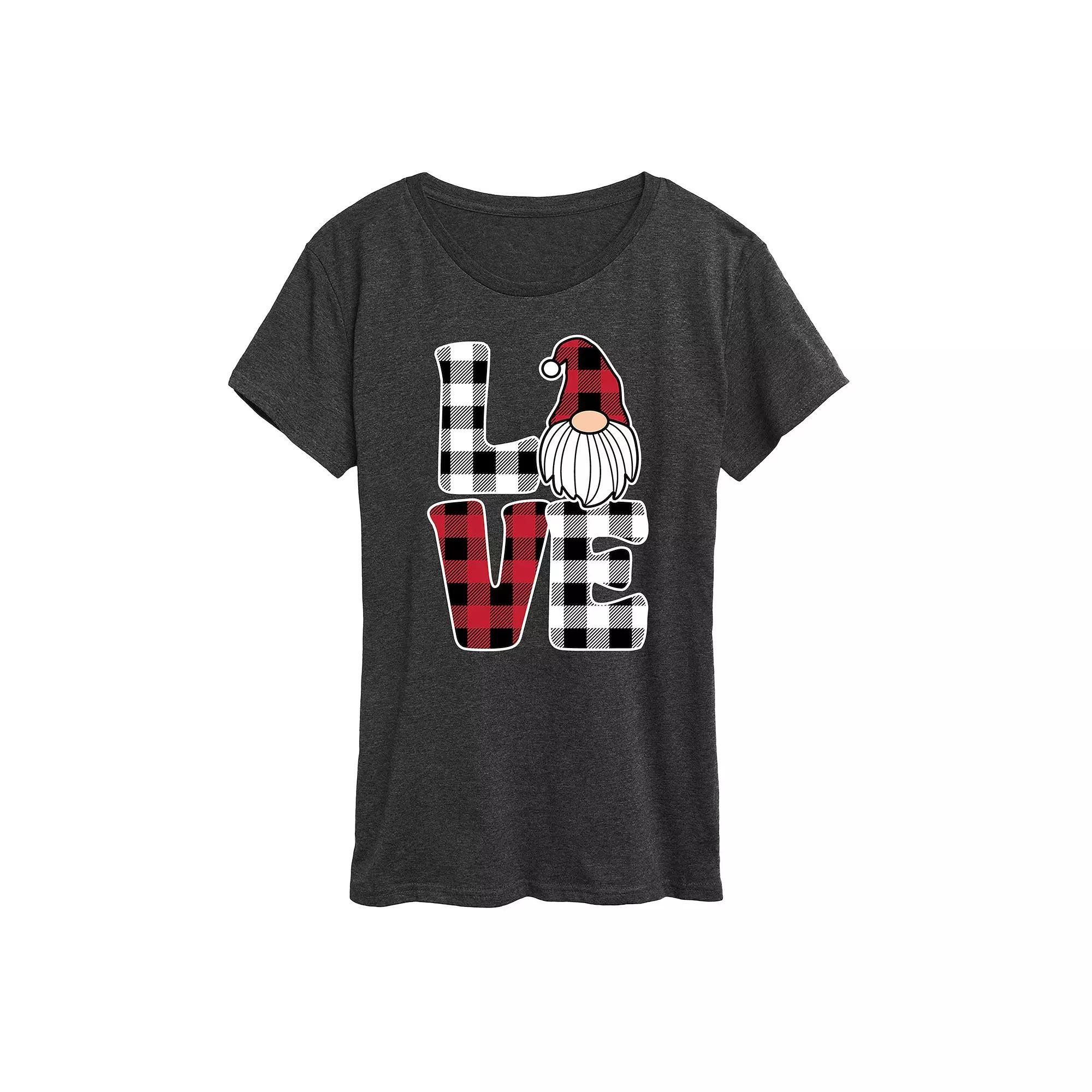 Women's Love Gnome Plaid Graphic Tee, Size: Large, Heather Grey Product Image