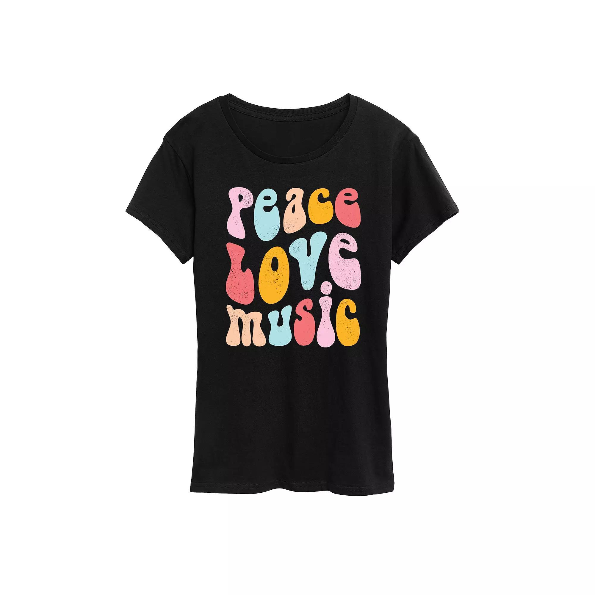 Women's Peace Love Music Distressed Graphic Tee, Size: XL, Black Product Image