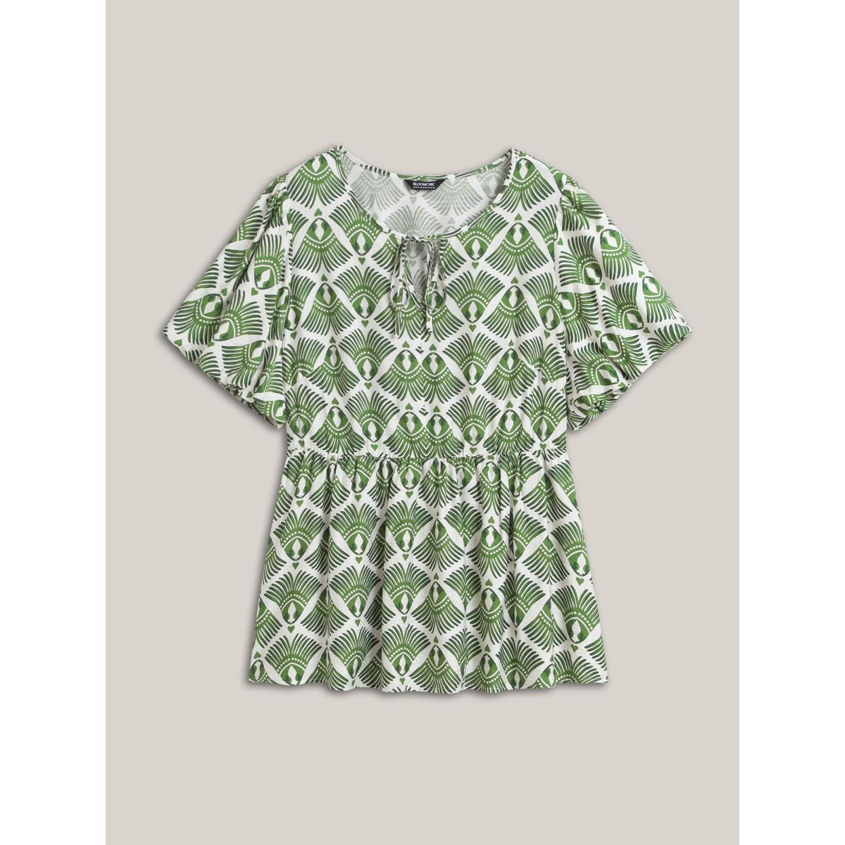 Plus Size Moss Large Floral Print Flared Sleeve Tie Blouse Women Short sleeve Flat collar with V-notch Vacation Blouses BloomChic 14-16/1X Product Image