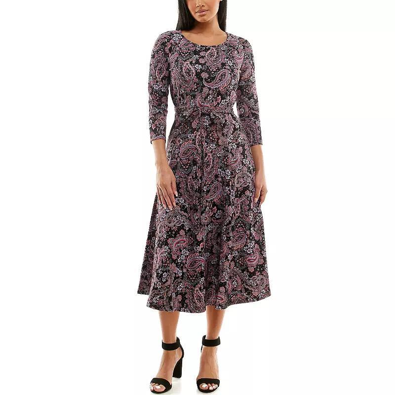 Women's Nina Leonard Sylvia Print Midi Dress, Size: Medium, Black Dusty Rose Product Image