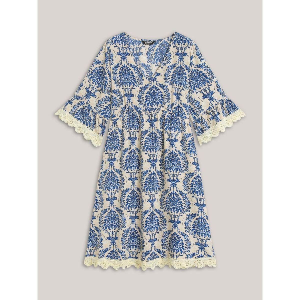 Plus Size Damask Print Lace Detail Midi Dress Mediumblue Women Woven ribbon&lace trim V-neck Elbow-length sleeve Curvy BloomChic 10/M Product Image