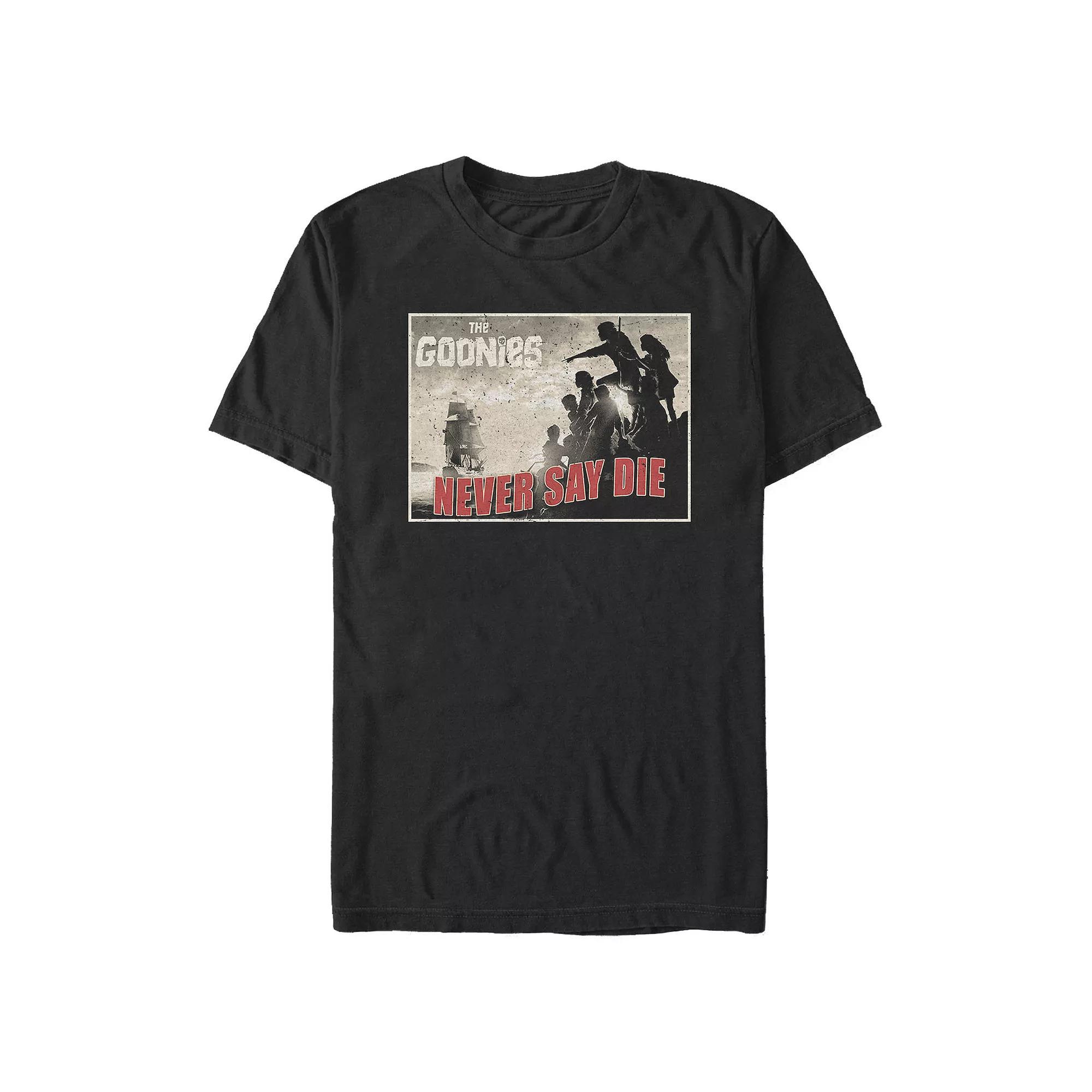 Men's The Goonies Never Say Die Postcard Graphic Tee, Size: XL, Black Product Image