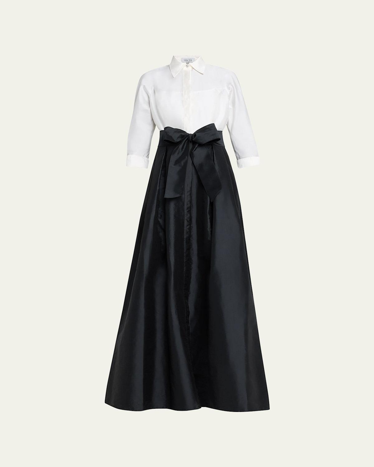 Two-Tone 3/4-Sleeve Taffeta Shirtdress Gown Product Image