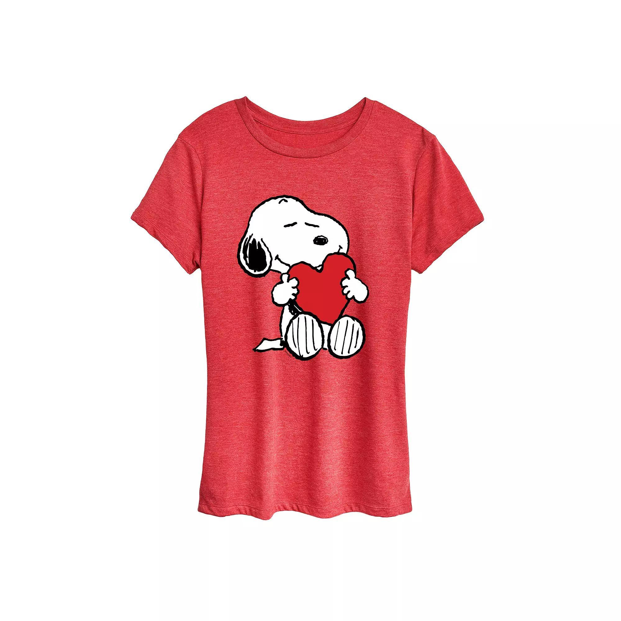 Women's Peanuts Snoopy Valentine's Hugging Heart Graphic Tee, Size: Small, Grey Red Product Image