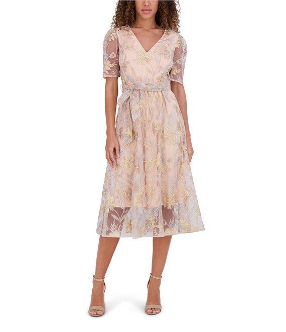 Kensie Embroidered Lace Mesh V-Neck Short Sleeve Self Tie Belt A-Line Midi Dress Product Image