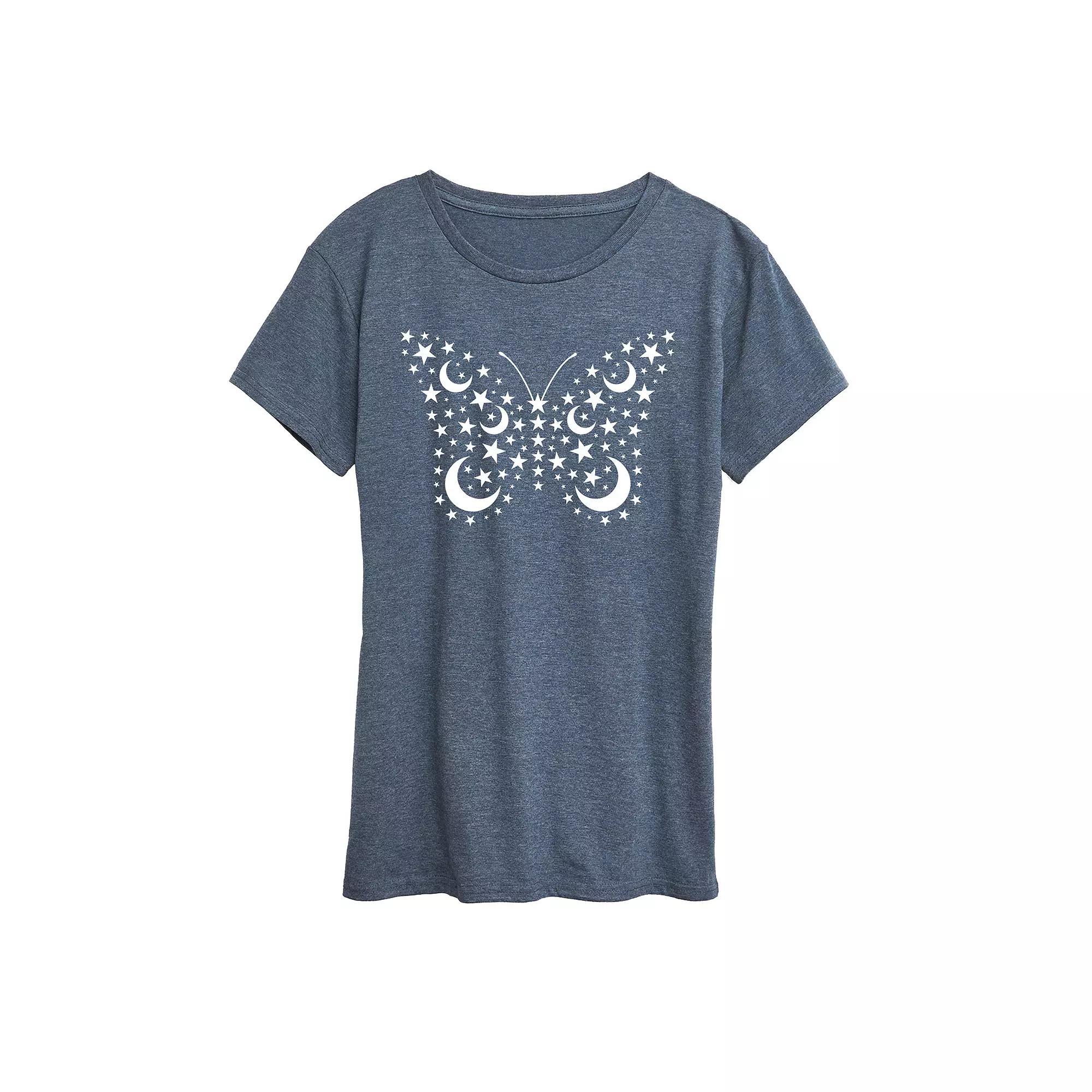 Women's Stars And Moons Butterfly Graphic Tee, Girl's, Size: XXL, Grey Blue Product Image