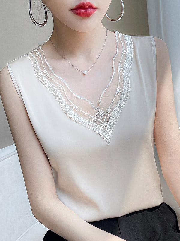 Loose Sleeveless Solid Color Split-Joint V-Neck Vest Top Product Image