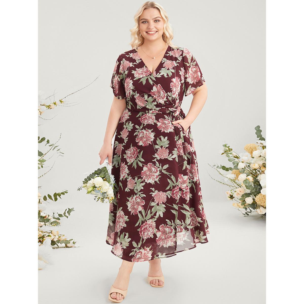 Plus Size Floral Print Belted Surplice Neck Flutter Pocket Maxi Dress Scarlet Women Elegant Wrap Overlap Collar Short sleeve Curvy Long Dress BloomChic 26/4X Product Image
