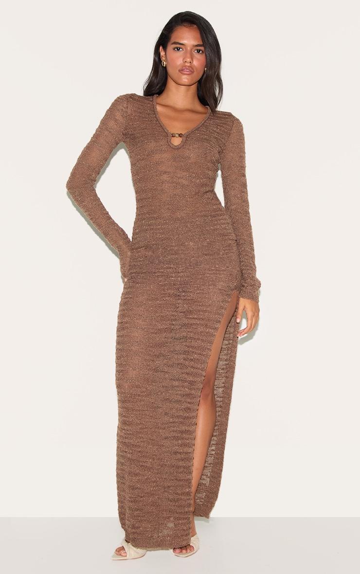 Chocolate Sheer Bobble Crochet Long Sleeve Beaded Keyhole Cut Out Top Product Image