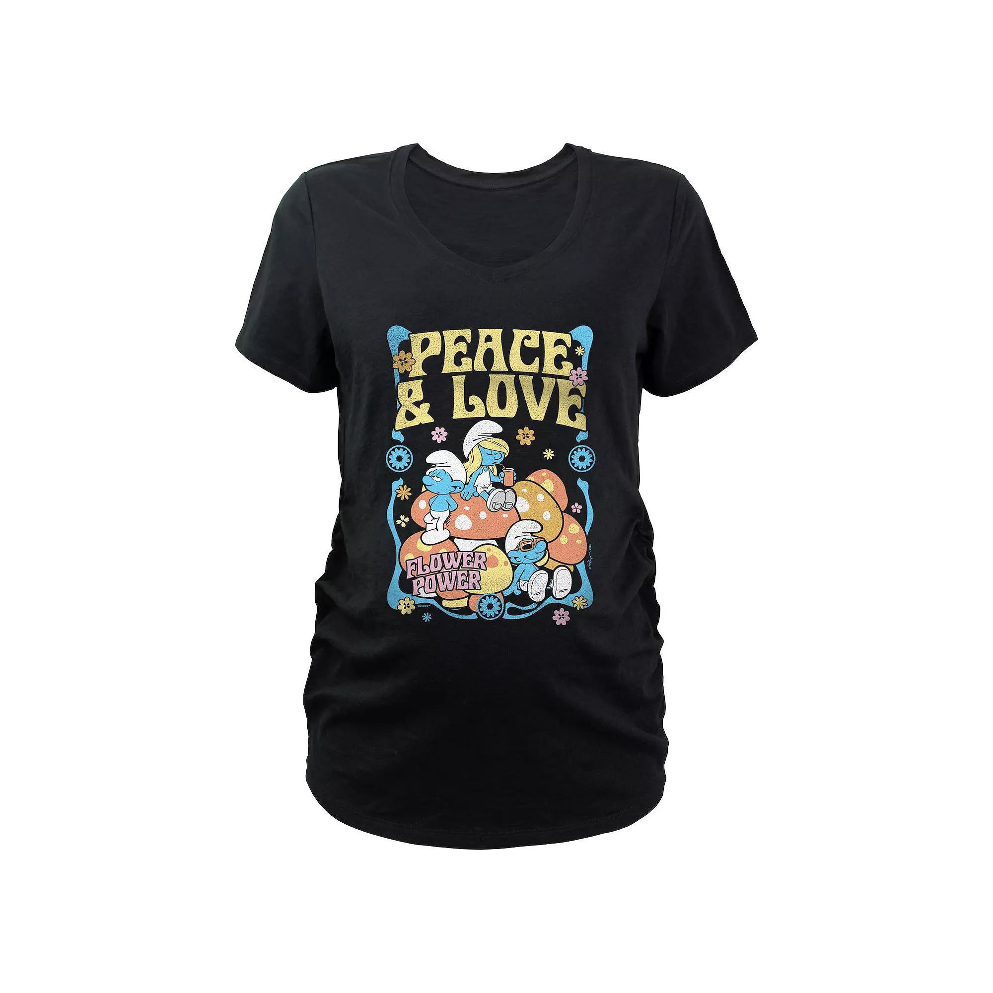 Maternity Smurfs Peace And Love Flower Power Graphic Tee, Women's, Size: XL-Mat, Black Product Image