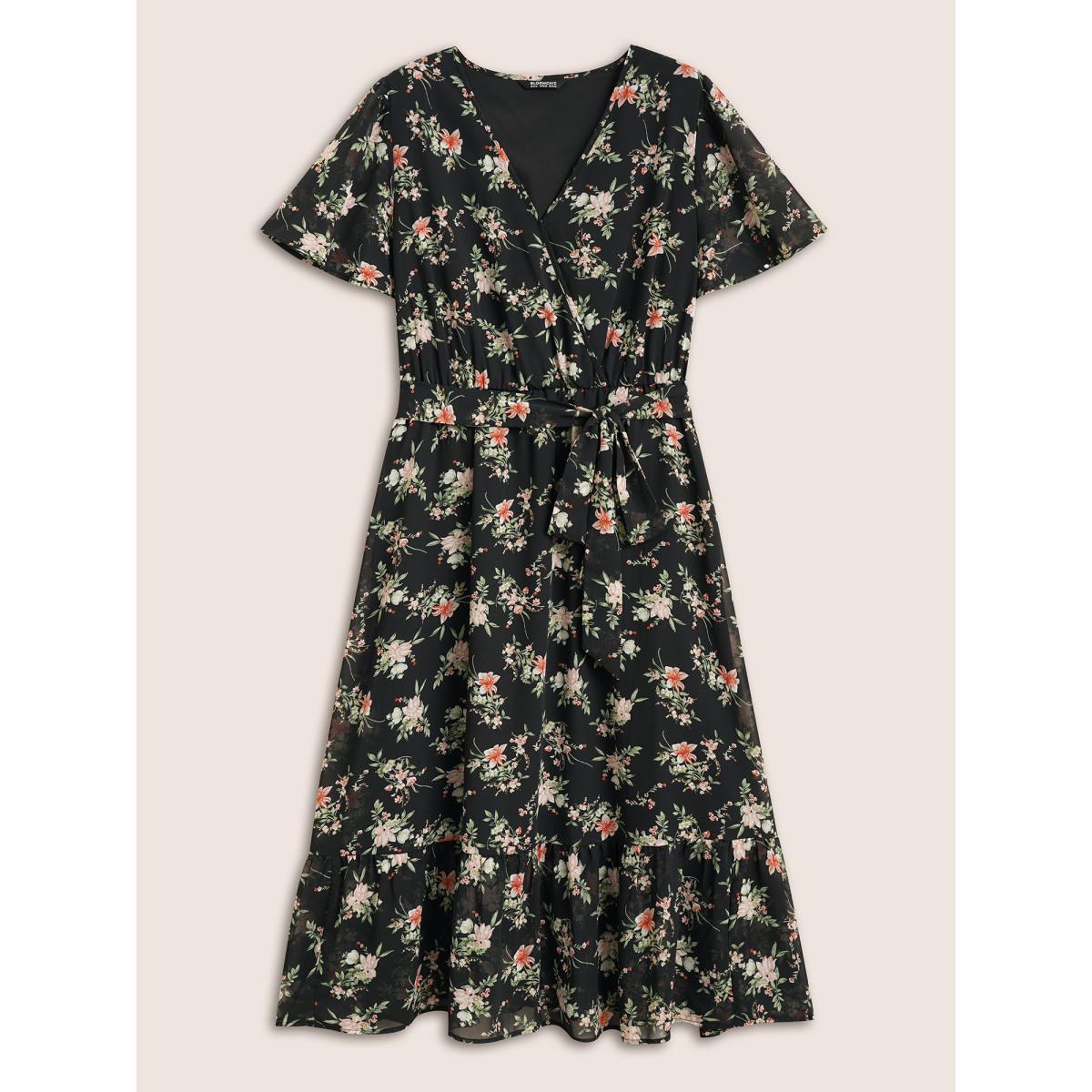 Plus Size Surplice Neck Chiffon Floral Belted Dress Black Women Elegant See through V-neck Short sleeve Curvy BloomChic 30/6X Product Image