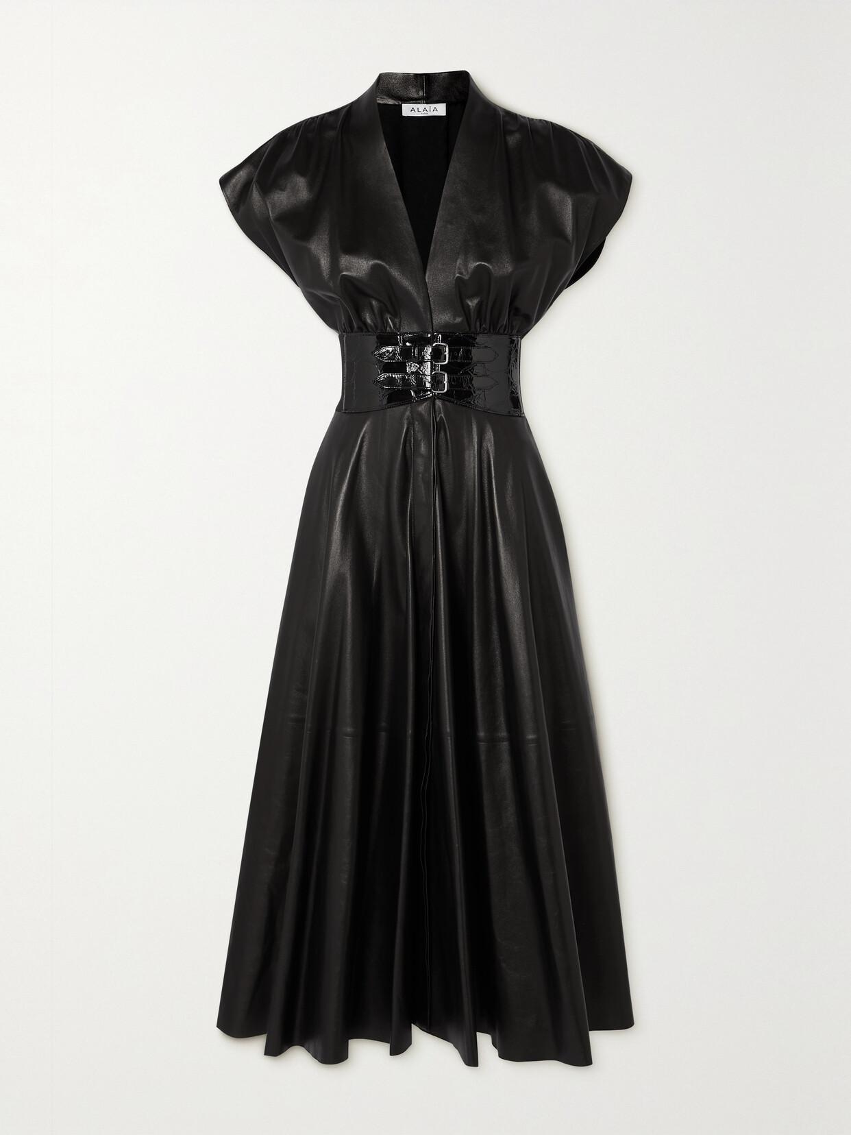 ALAÏA Belted Leather Midi Dress In Black Product Image