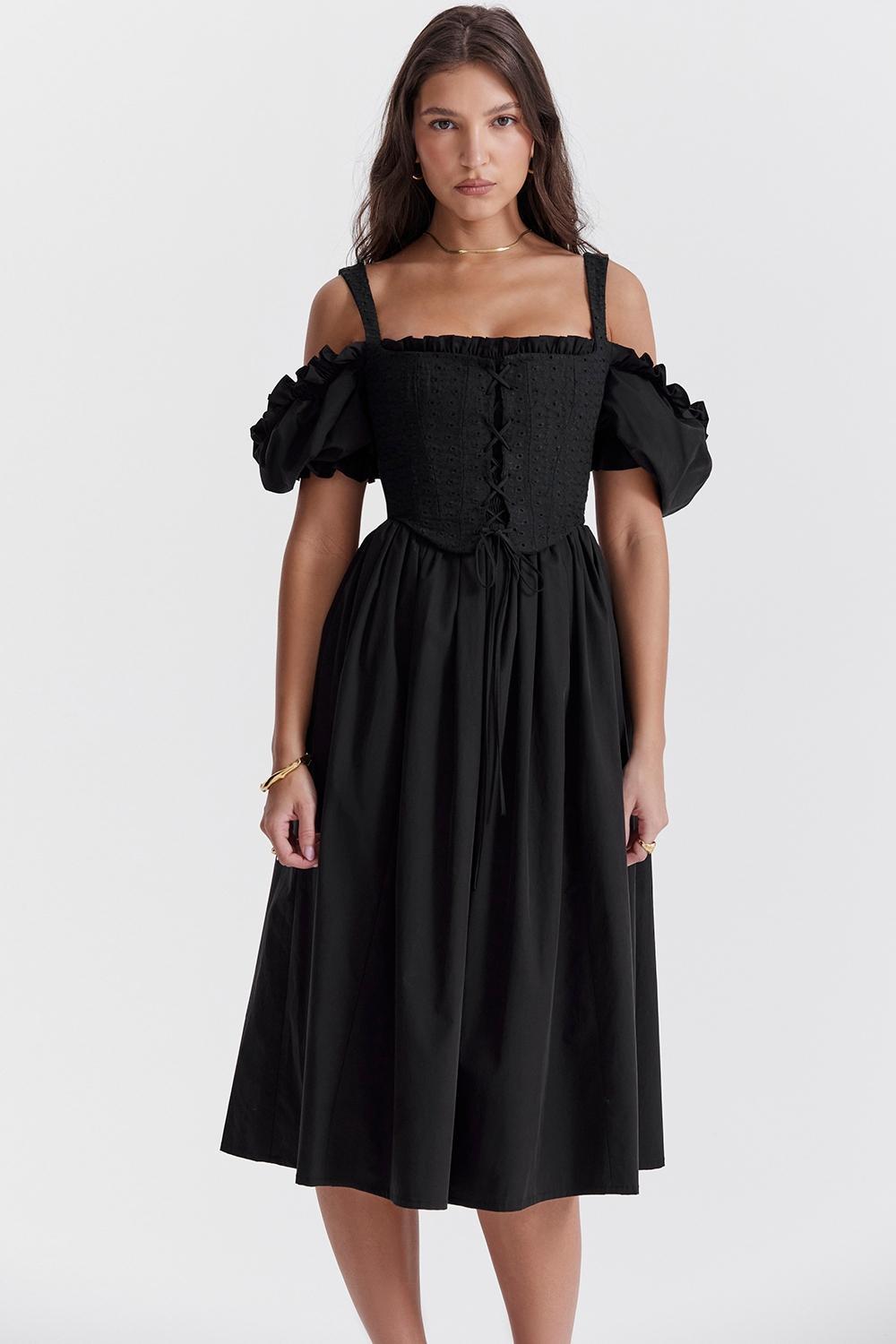 Silvana Black Puff Sleeve Midi Sundress Product Image