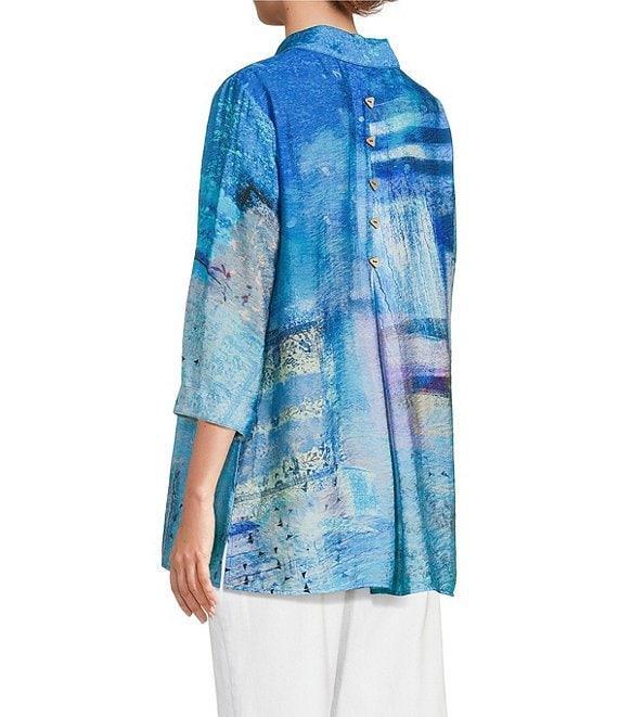 Ali Miles Abstract Block Printed Point Collar 3/4 Sleeve Button Front Tunic Product Image