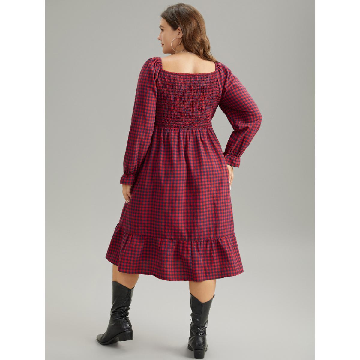 Plus Size Gingham Square Neck Shirred Gathered Ruffles Dress Scarlet Women Casual Gathered Square Neck Long Sleeve Curvy Midi Dress BloomChic 22-24/3X Product Image