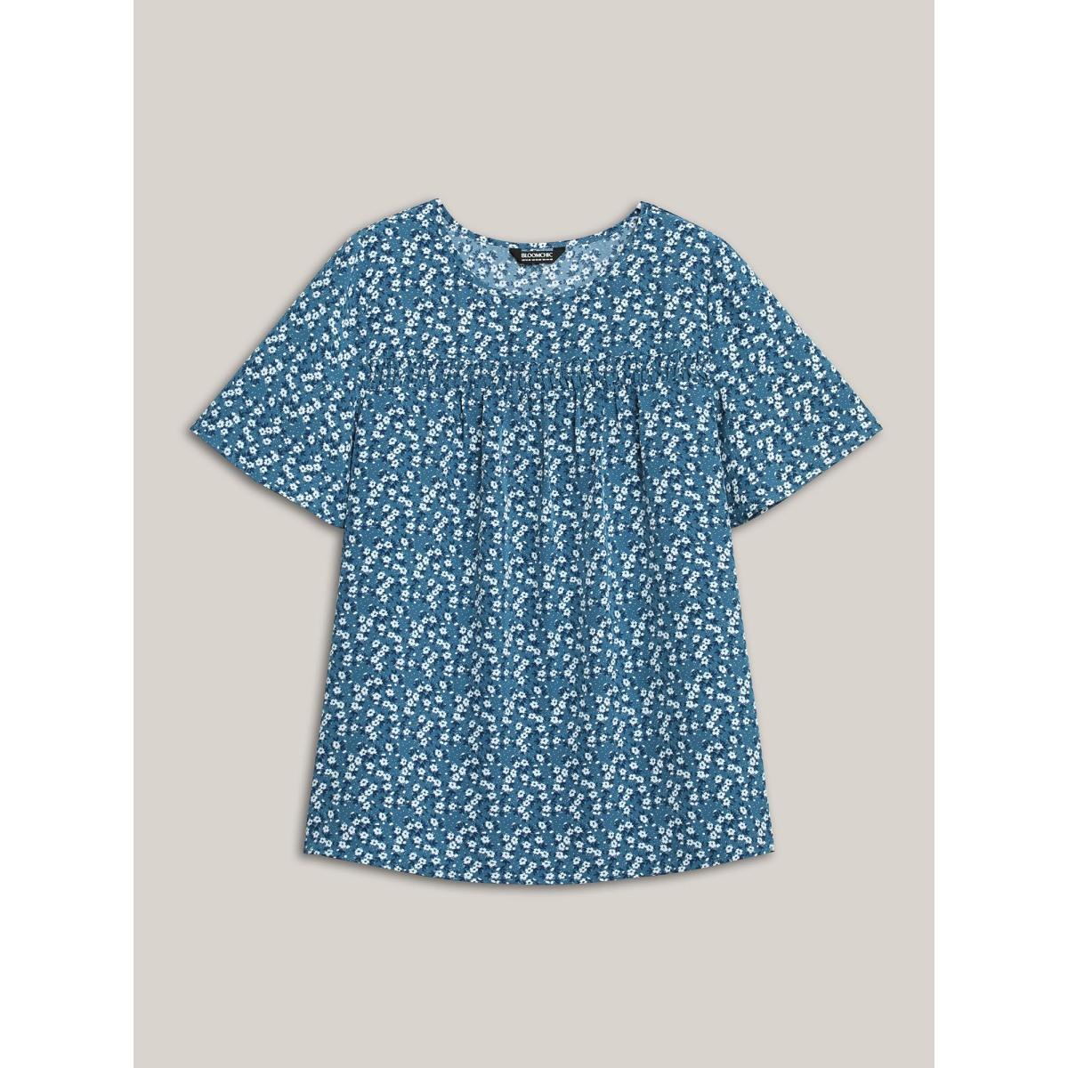 Plus Size Aegean Floral Ruffle Sleeve Gathered Round Neck Blouse Women Leisure Short sleeve Round Neck Casual Blouses BloomChic 10/M Product Image