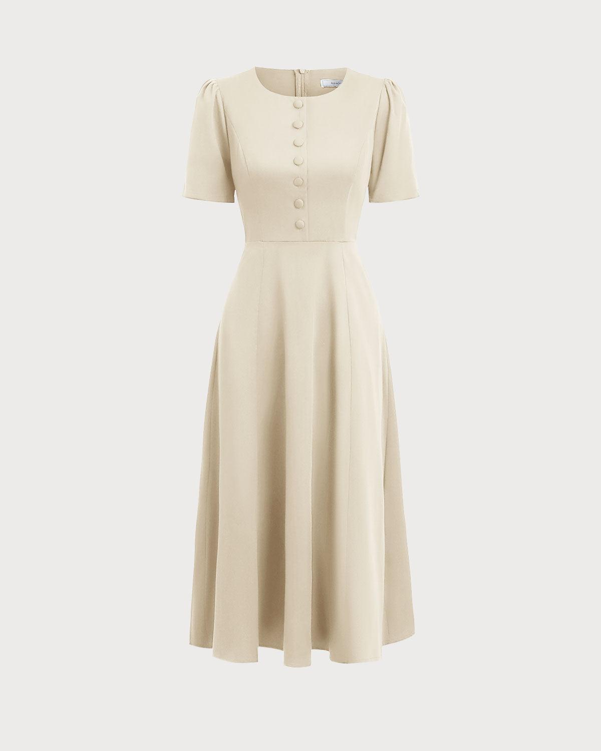 Beige Puffed Sleeve Button Midi Dress Product Image