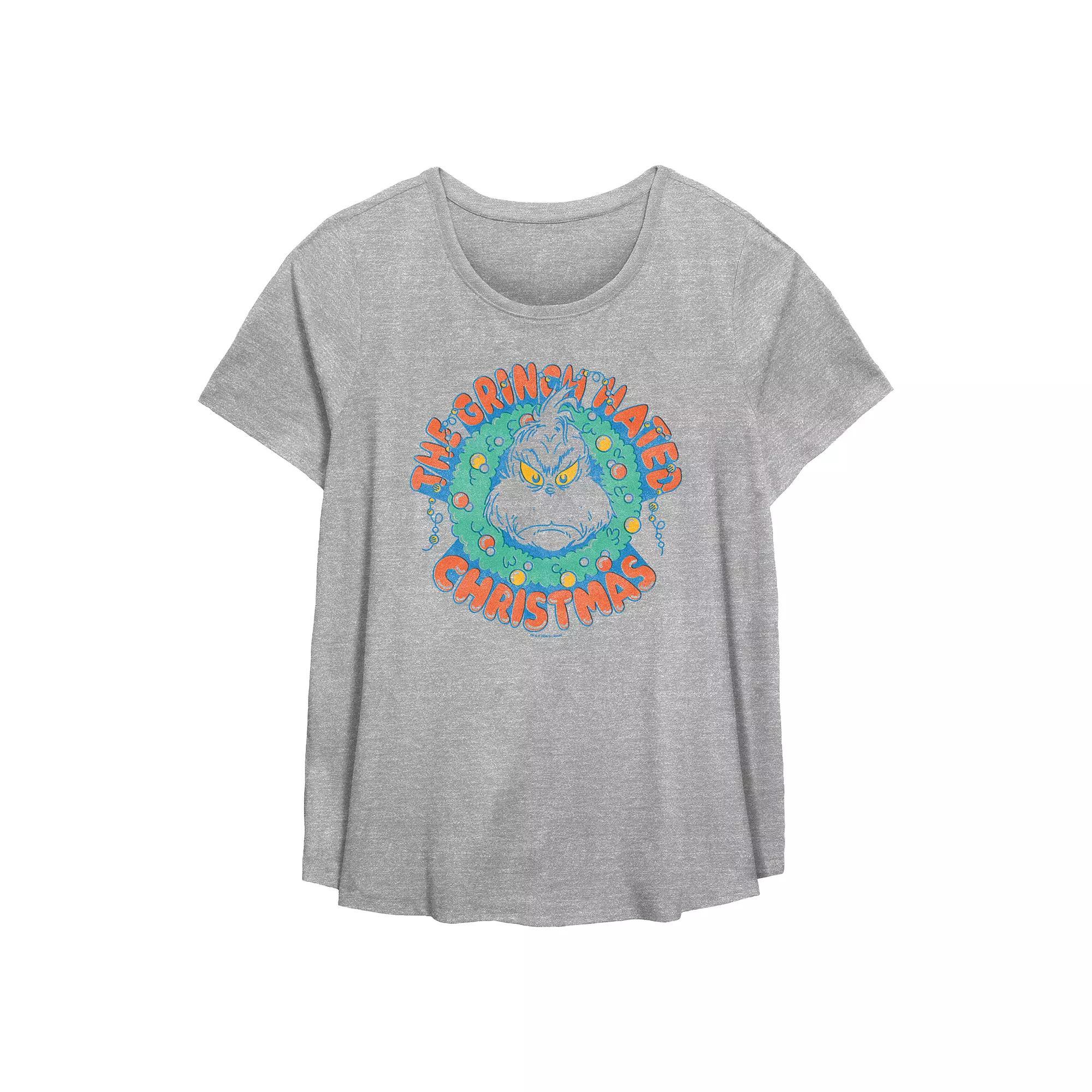 Plus Size Dr. Seuss The Grinch Hated Christmas Wreath Flowy Graphic Tee, Womens Grey Gray Product Image