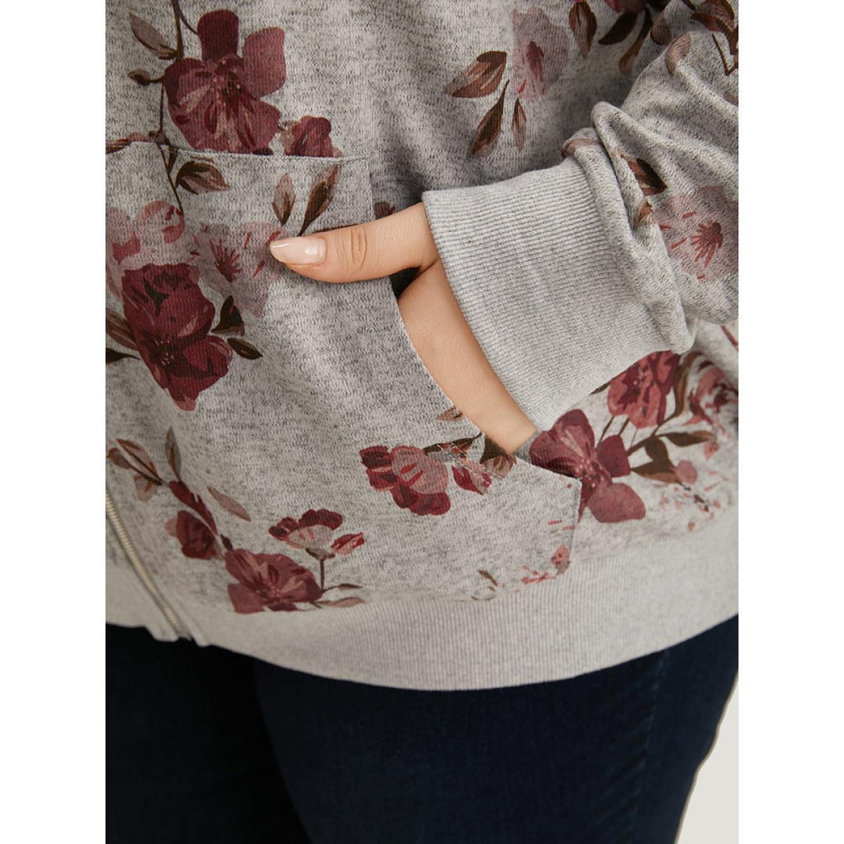Plus Size Floral Print Pocket Drawstring Hooded Sweatshirt Women Gray Casual Printed Hooded Dailywear Sweatshirts BloomChic 22-24/3X Product Image