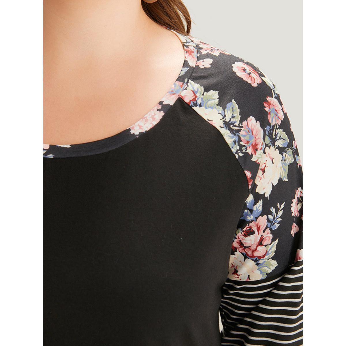 Plus Size Floral Striped Patchwork Crew Neck Raglan Sleeve T-shirt Black Women Casual Contrast Striped Round Neck Dailywear T-shirts BloomChic 26/4X Product Image