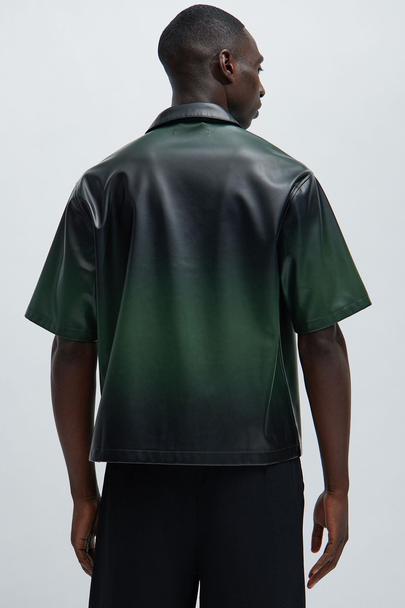 Gradient Faux Leather Shirt - Black/Green Product Image