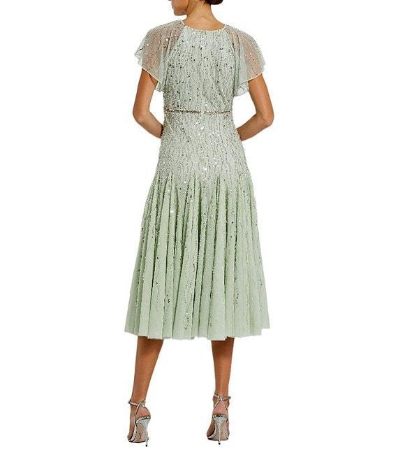 Mac Duggal Keyhole Neck Flutter Sleeve Bow Front Beaded Mesh Drop Waist Midi Dress Product Image