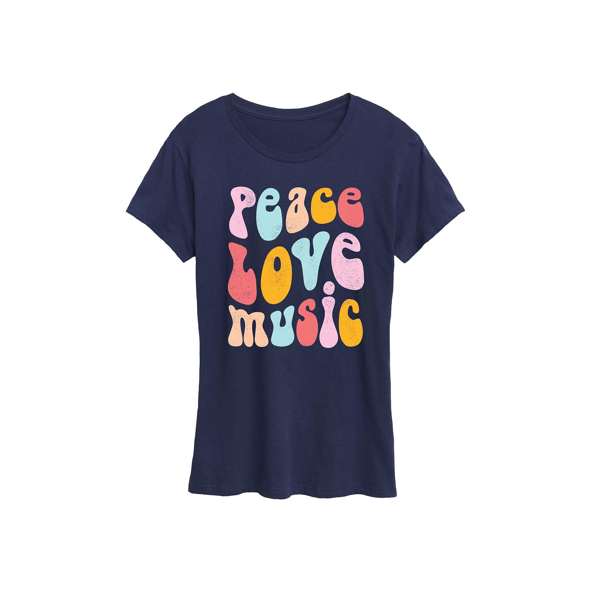 Women's Peace Love Music Distressed Graphic Tee, Size: XXL, Blue Product Image