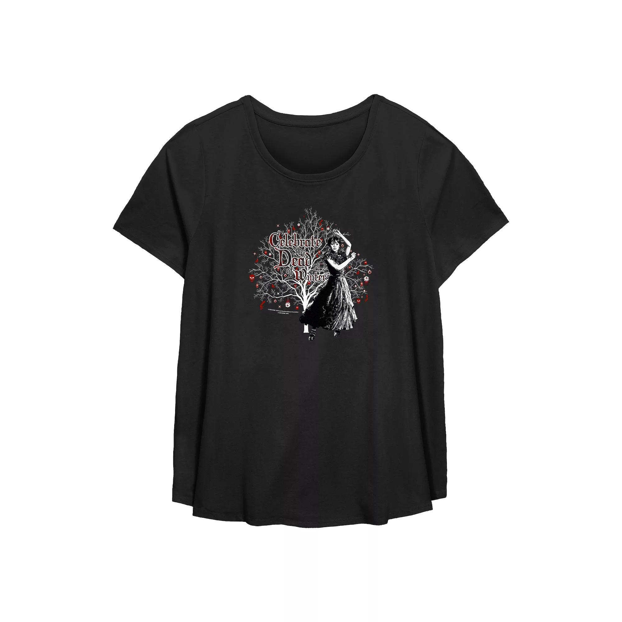 Plus Size Wednesday Celebrate The Dead Of Winter Flowy Graphic Tee, Women's, Size: 5XL, Black Product Image