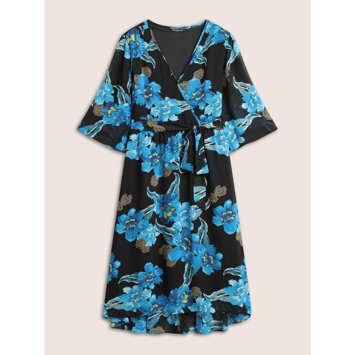 Plus Size Floral Print Surplice Neck Belted Mesh Dress Black Women Elegant Non Overlap Collar Elbow-length sleeve Curvy Midi Dress BloomChic 30/6X Product Image