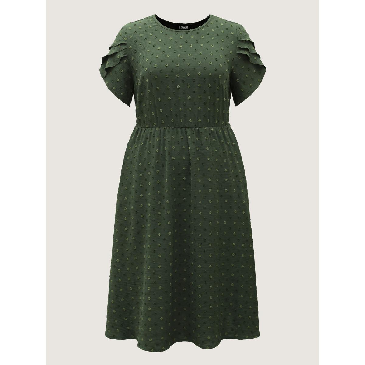 Plus Size Ruffled Textured Layered Sleeve Midi Dress ArmyGreen Women Round Neck Short sleeve Curvy BloomChic 26/4X Product Image
