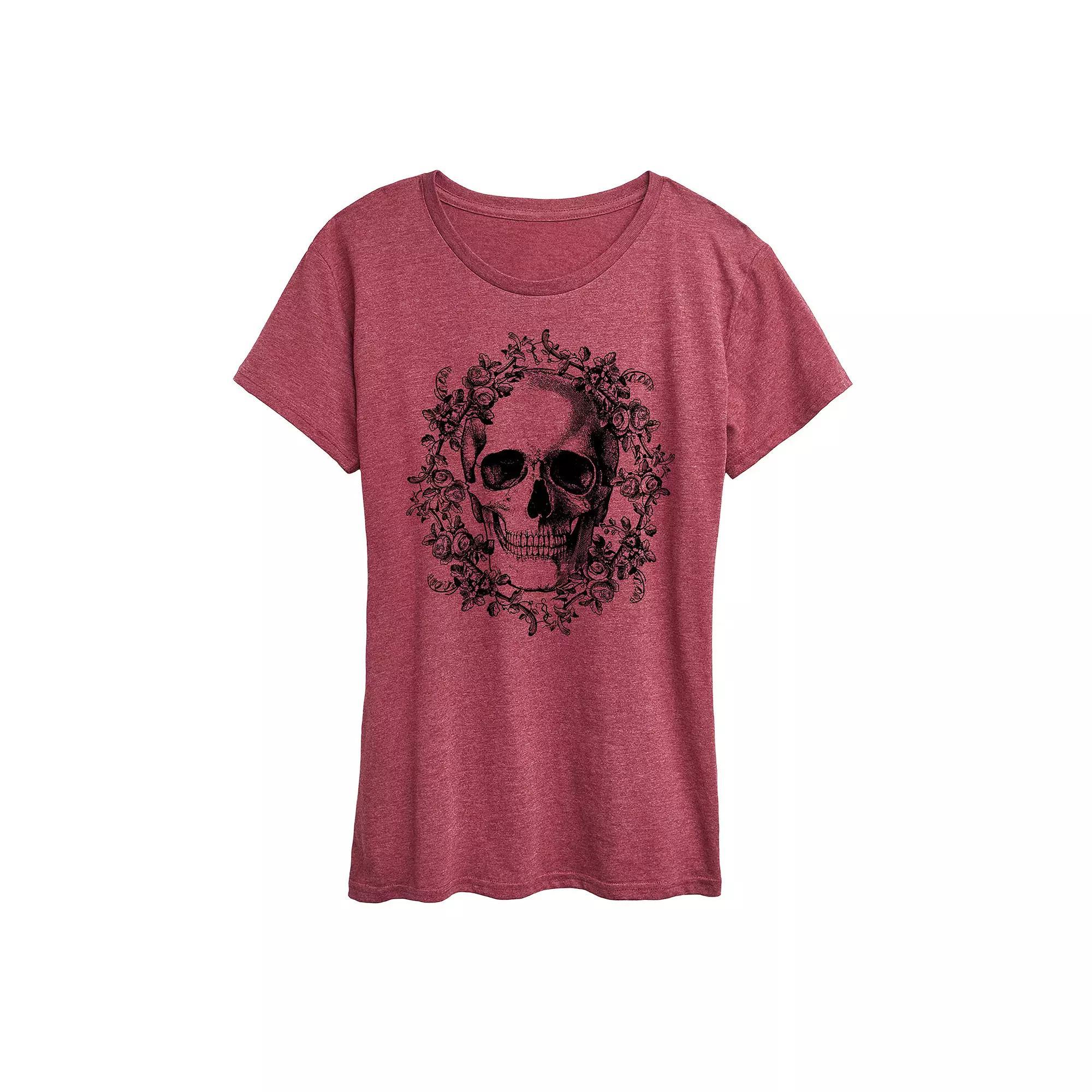 Women's Skull Wreath Graphic Tee, Size: XXL, Grey Dark Red Product Image