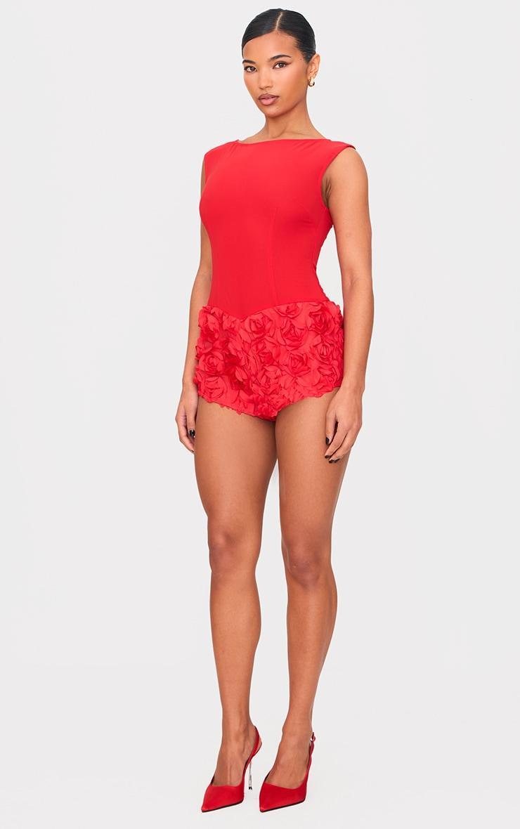 Red Woven Rose Applique Boat Neck Romper Product Image