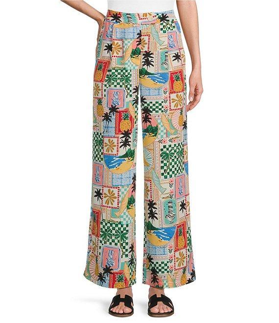 Skies Are Blue Postcard Printed High Waist Wide Leg Elastic Back Pant Product Image