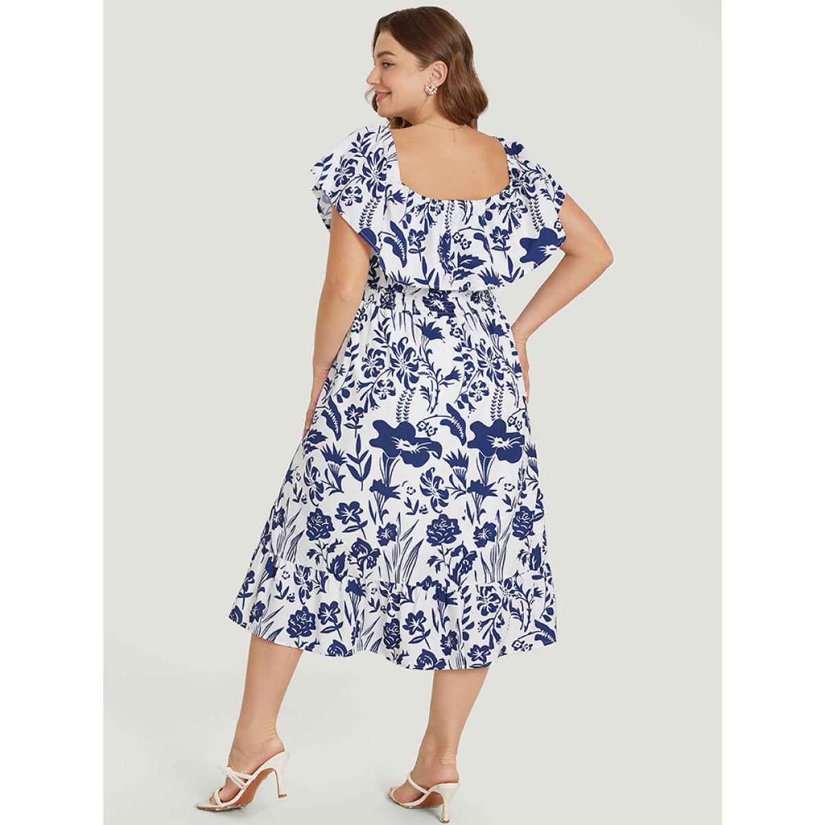 Plus Size Floral Ruffle Trim Square Neck Shirred Pocket Dress Blue Women Elegant Lined Square Neck Short sleeve Curvy Midi Dress BloomChic 26/4X Product Image