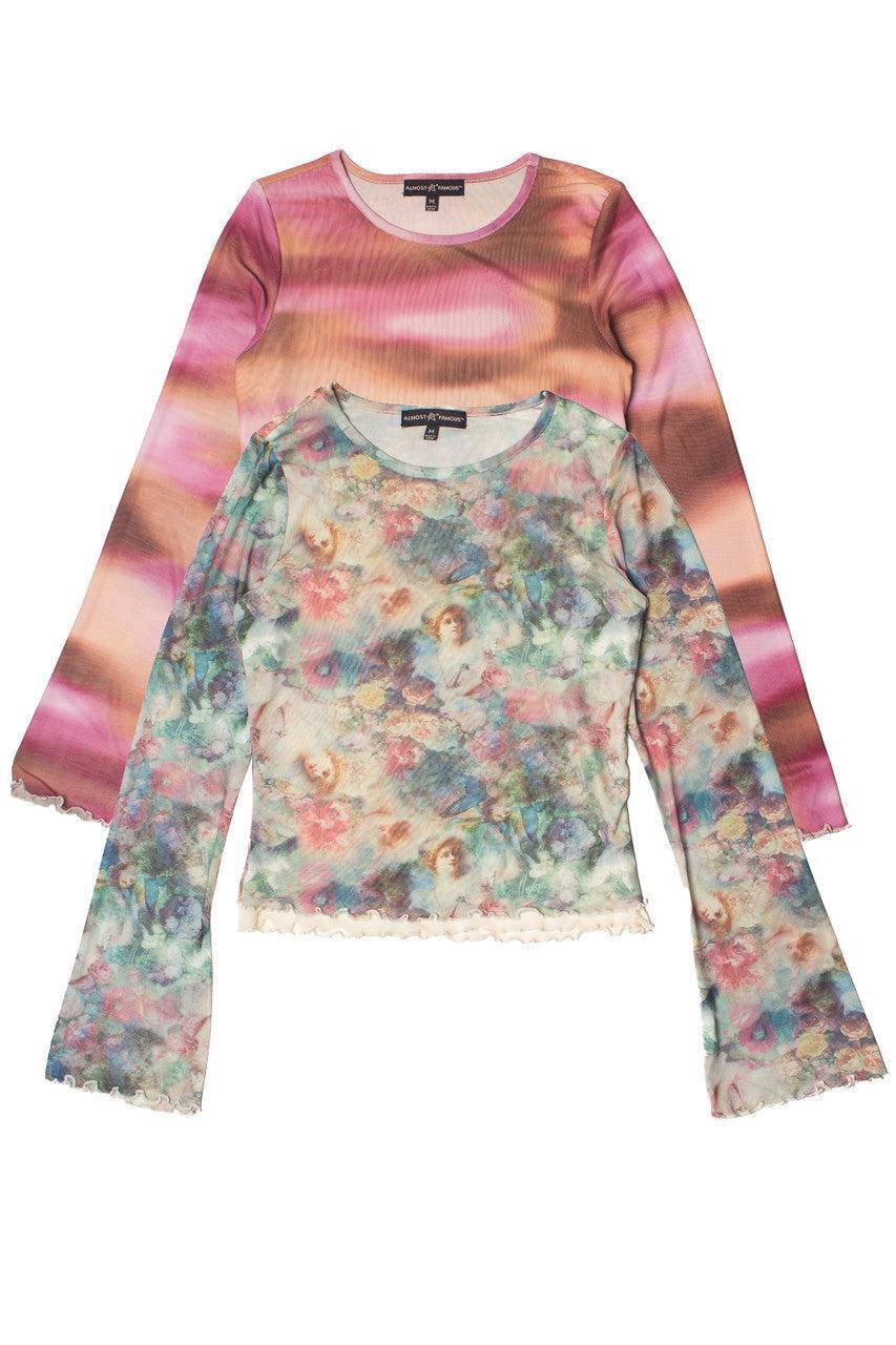 Long Sleeve Double Layer Printed Mesh Top Product Image